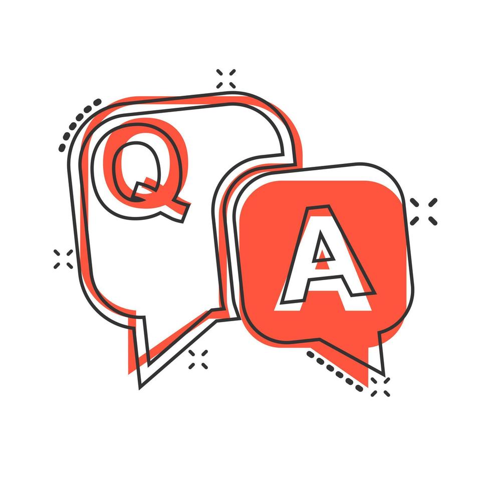 Question and answer icon in comic style. Discussion speech bubble vector cartoon illustration pictogram splash effect.