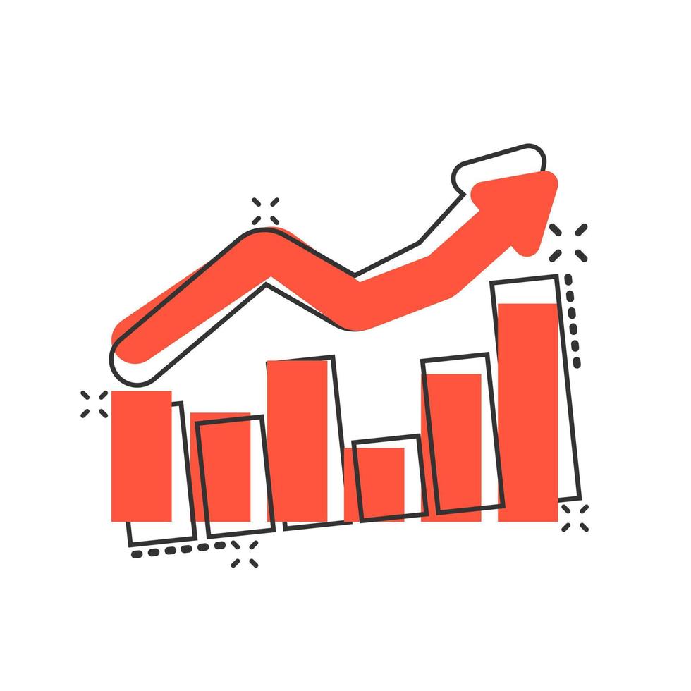 creciente icono de gráfico de barras en estilo cómico. aumentar el pictograma de ilustración de dibujos animados de vector de flecha. efecto de salpicadura de concepto de negocio de progreso infográfico.