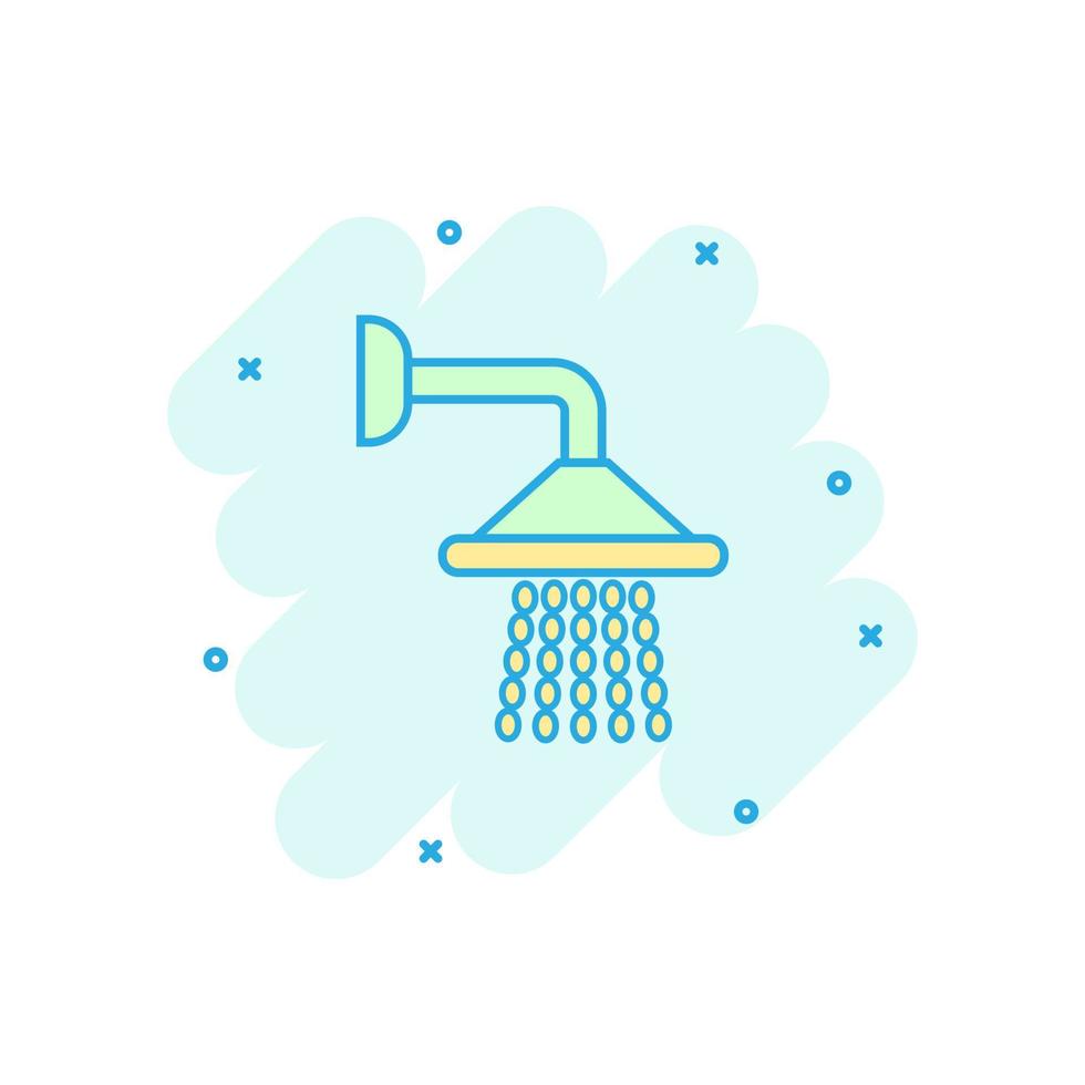 icono de signo de ducha en estilo cómico. ilustración de dibujos animados de vector de dispositivo de agua de baño sobre fondo blanco aislado. lavar el efecto de salpicadura del concepto de negocio.