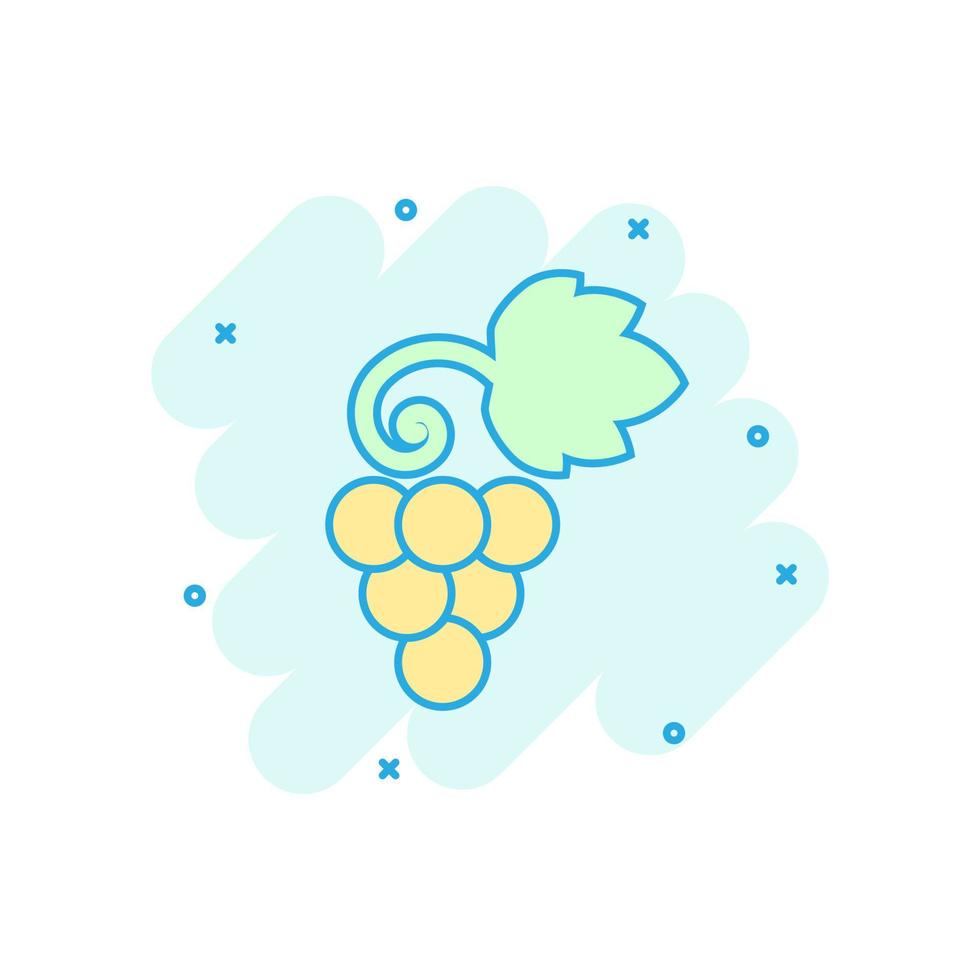 icono de signo de frutas de uva en estilo cómico. ilustración de dibujos animados de vector de vid sobre fondo blanco aislado. efecto de salpicadura de concepto de negocio de uvas de vino.