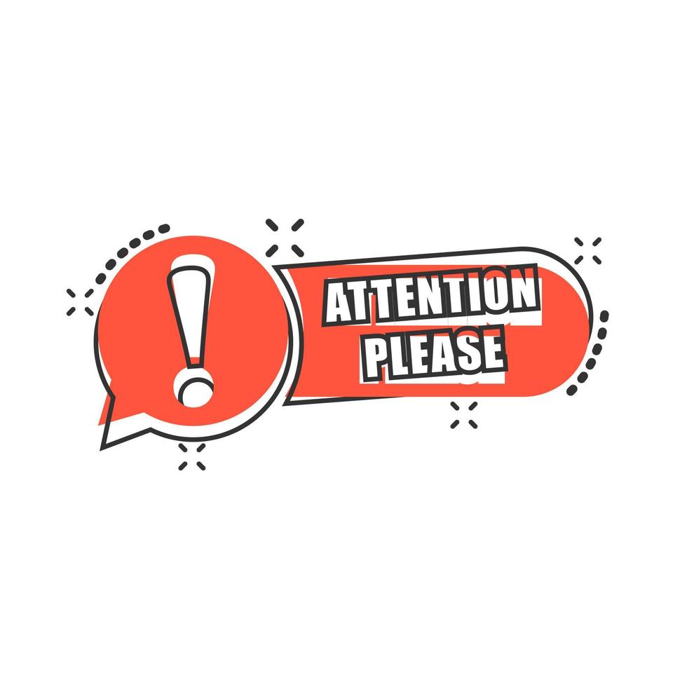 Attention please sign icon in comic style. Warning information vector cartoon illustration on white isolated background. Exclamation business concept splash effect.