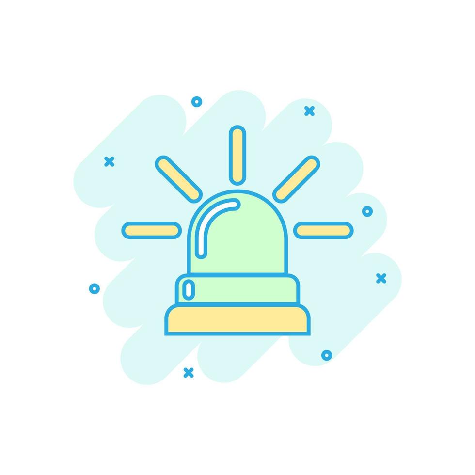 Emergency siren icon in comic style. Police alarm vector cartoon illustration on white isolated background. Medical alert business concept splash effect.