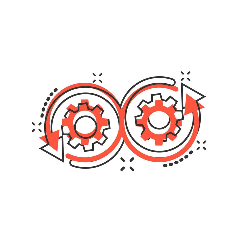 Development icon in comic style. Devops vector cartoon illustration on white isolated background. Cog with arrow business concept splash effect.