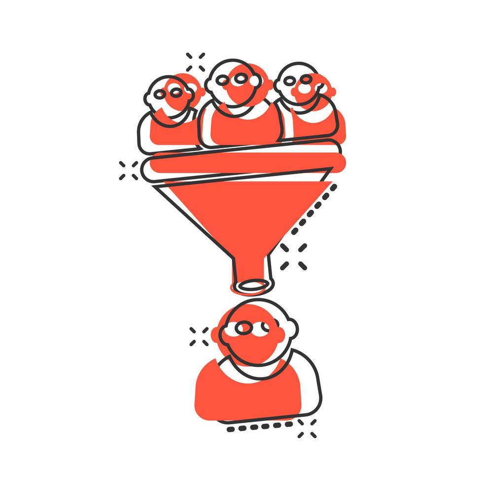 Lead management icon in comic style. Funnel with people vector cartoon illustration pictogram. Target client business concept splash effect.
