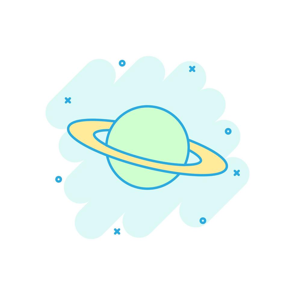 icono de Saturno en estilo cómico. ilustración de dibujos animados de vector de planeta sobre fondo blanco aislado. efecto de salpicadura del concepto de negocio espacial galaxy.