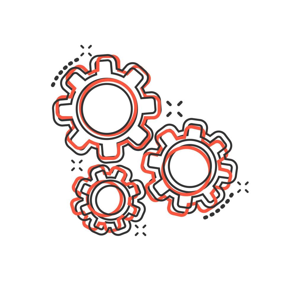 Gear vector icon in comic style. Cog wheel cartoon illustration on white background. Gearwheel cogwheel business concept splash effect.