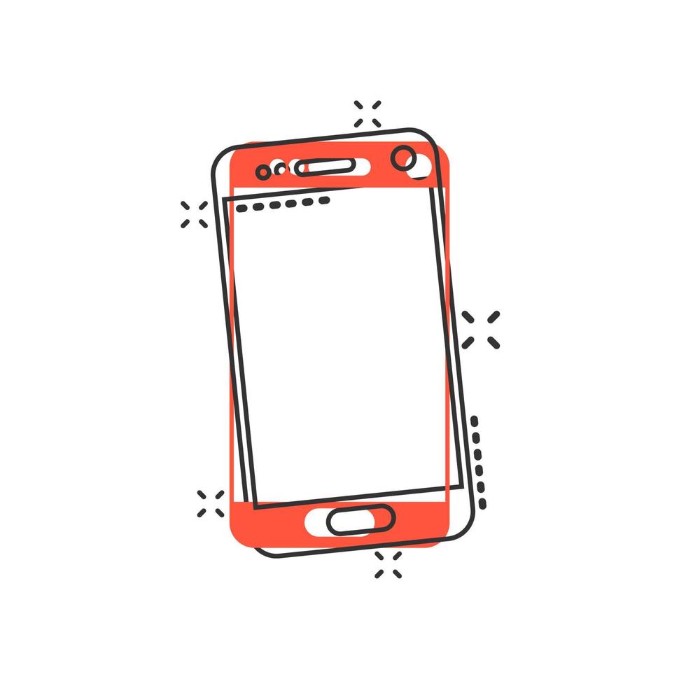 Phone device sign icon in comic style. Smartphone vector cartoon illustration on white isolated background. Telephone business concept splash effect.