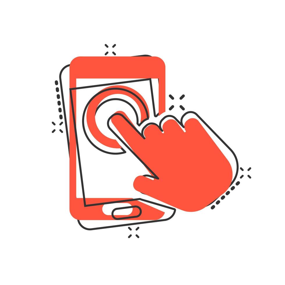 Hand touch smartphone icon in comic style. Phone finger vector cartoon illustration on white isolated background. Cursor touchscreen business concept splash effect.