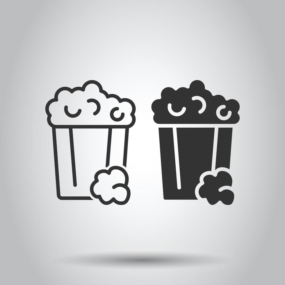 Film icon in flat style. Popcorn vector illustration on white isolated background. Pop corn bucket business concept.