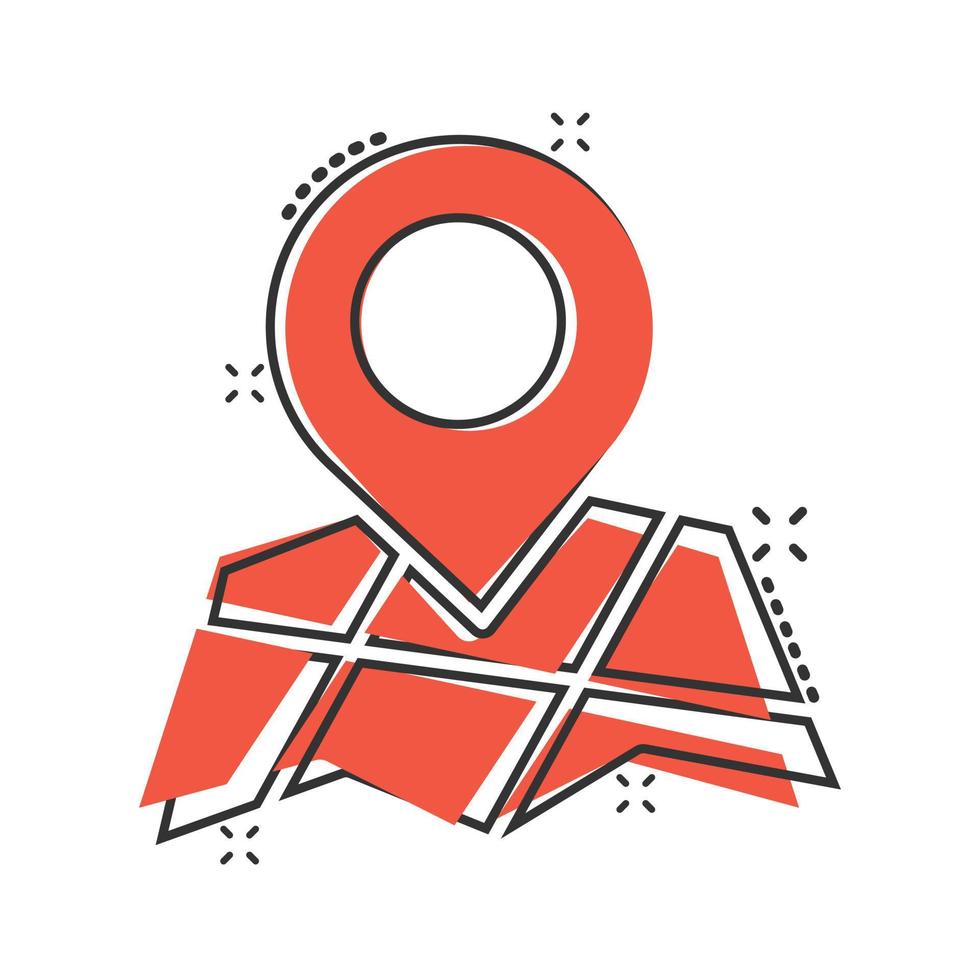 Map pin icon in comic style. GPS navigation cartoon vector illustration on white isolated background. Locate position splash effect business concept.