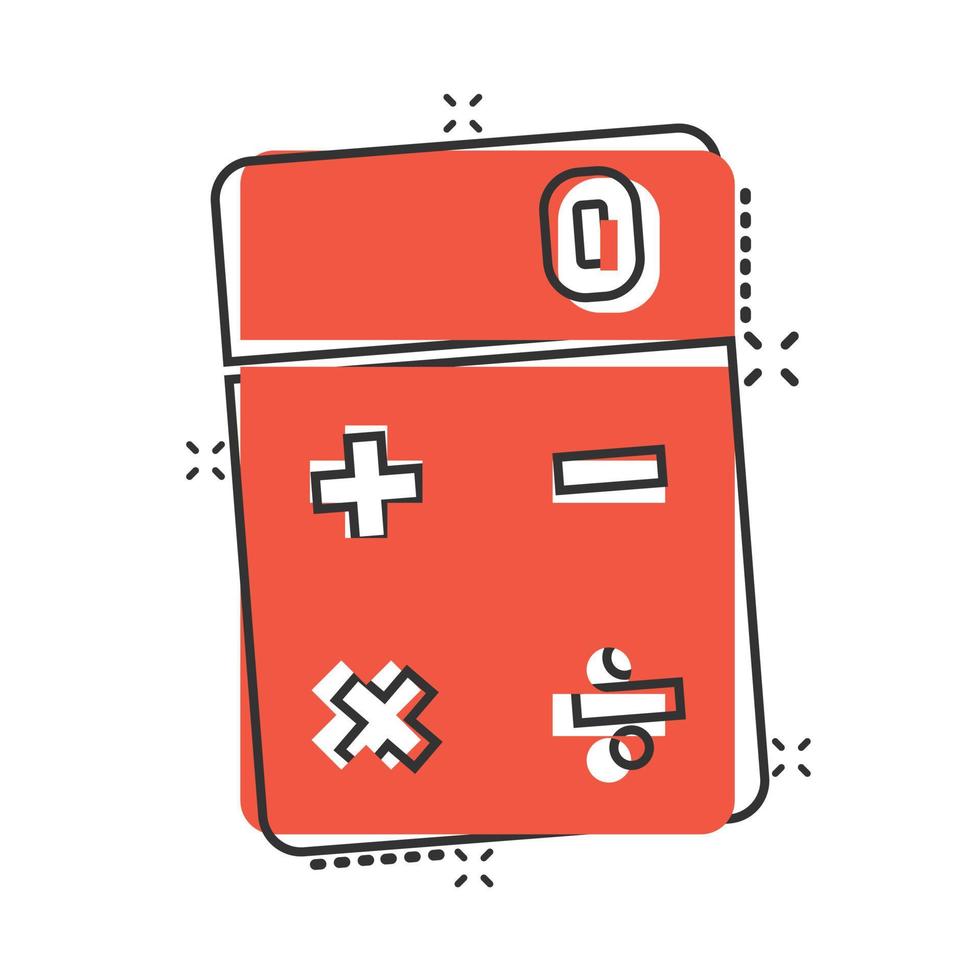 Calculator icon in comic style. Calculate cartoon vector illustration on white isolated background. Calculation splash effect business concept.