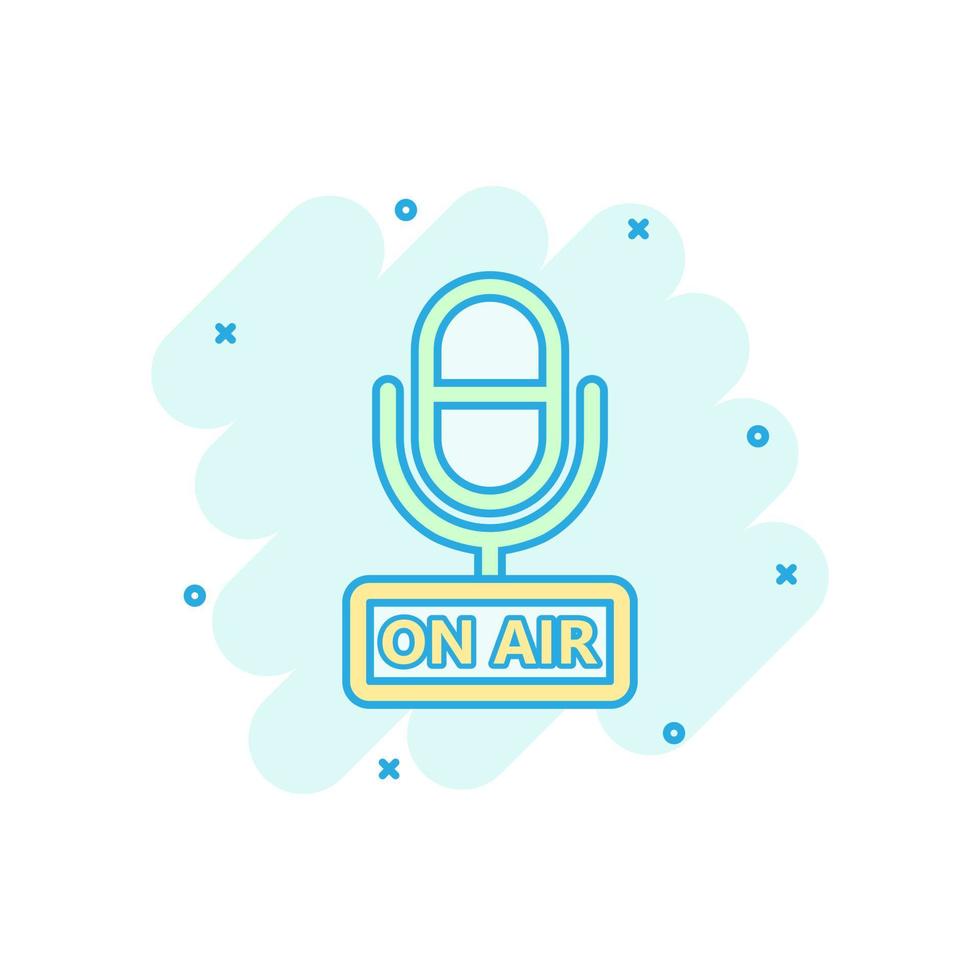 Microphone icon in comic style. Live broadcast vector cartoon illustration on white isolated background. On air business concept splash effect.