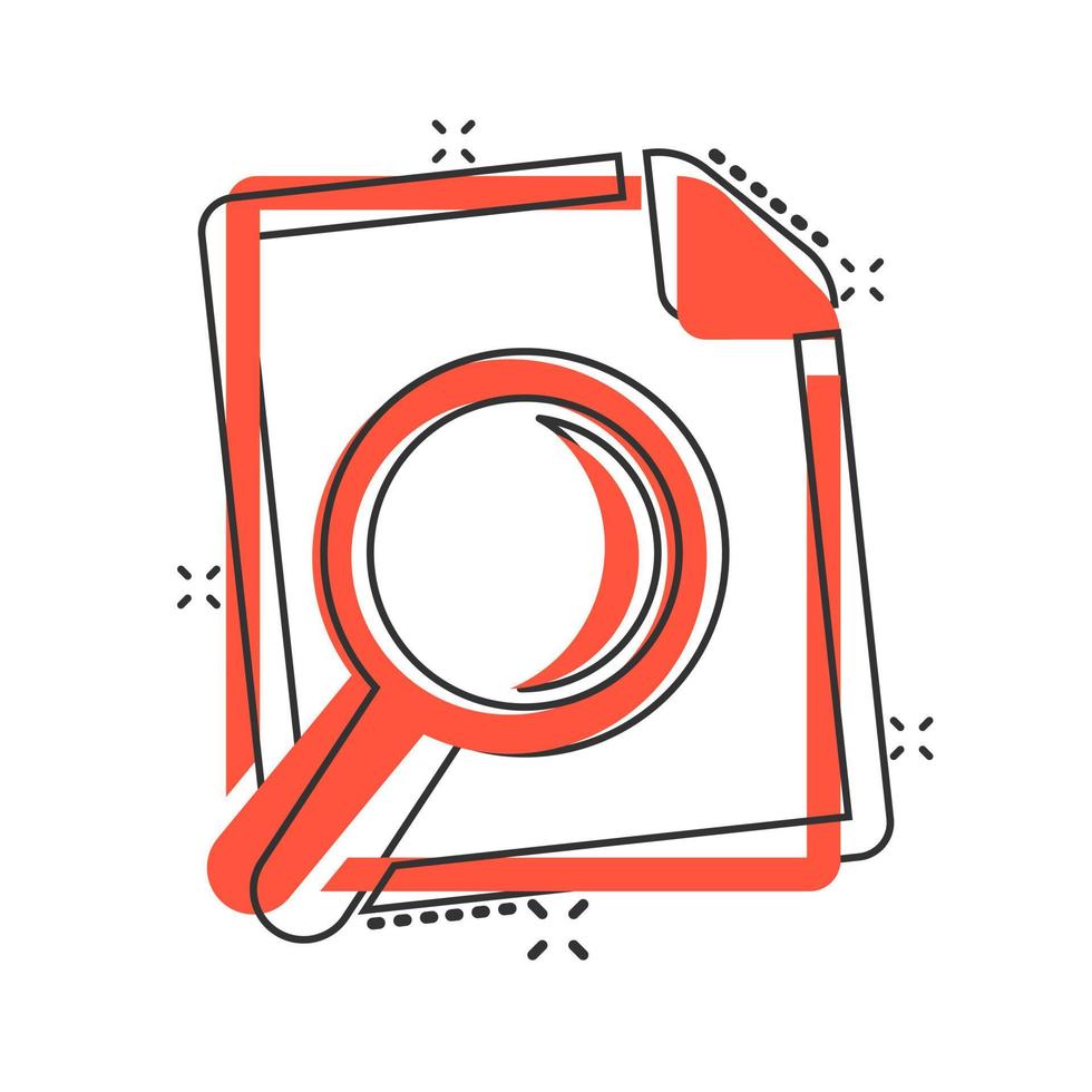 Scrutiny document plan icon in comic style. Review statement vector cartoon illustration pictogram. Document with magnifier loupe business concept splash effect.