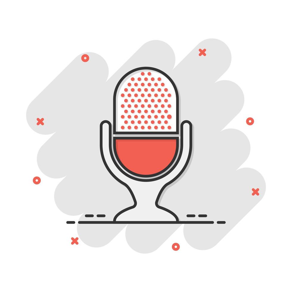 Microphone icon in comic style. Mic broadcast vector cartoon illustration pictogram. Microphone mike speech business concept splash effect.