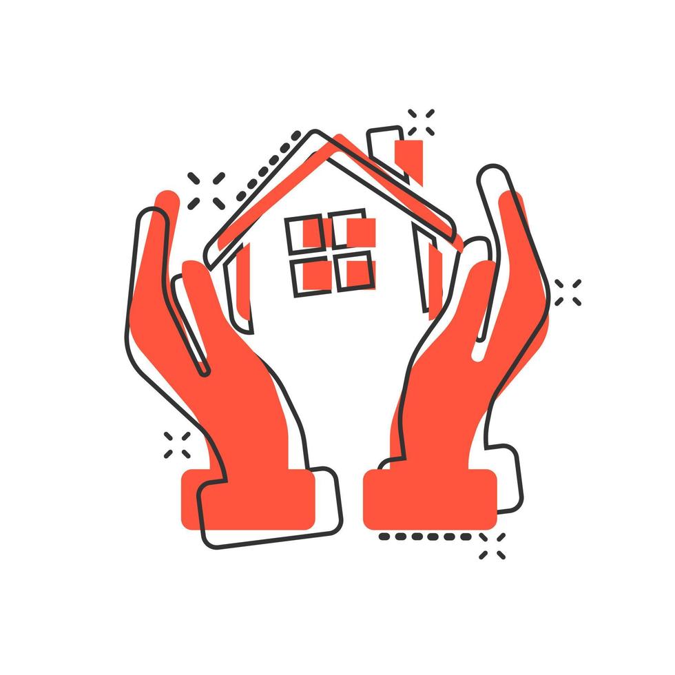 Home care icon in comic style. Hand hold house vector cartoon illustration on white isolated background. Building quality business concept splash effect.