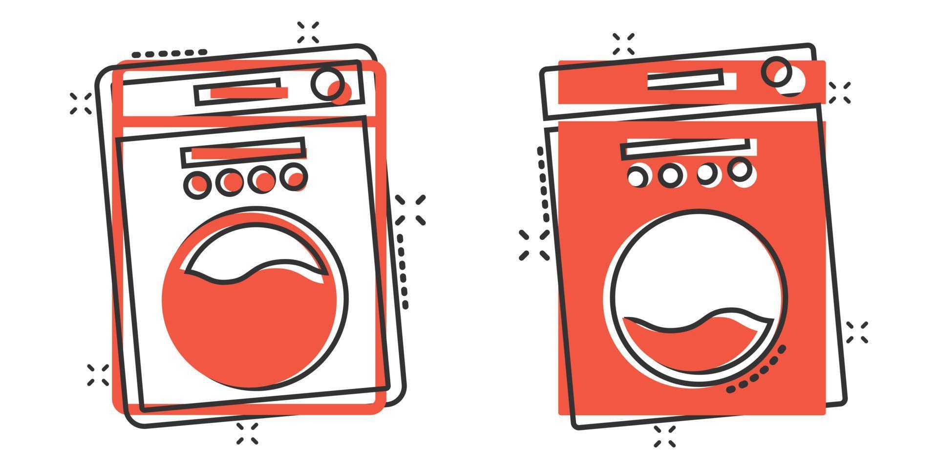 Washing machine icon in comic style. Washer cartoon vector illustration on white isolated background. Laundry splash effect business concept.