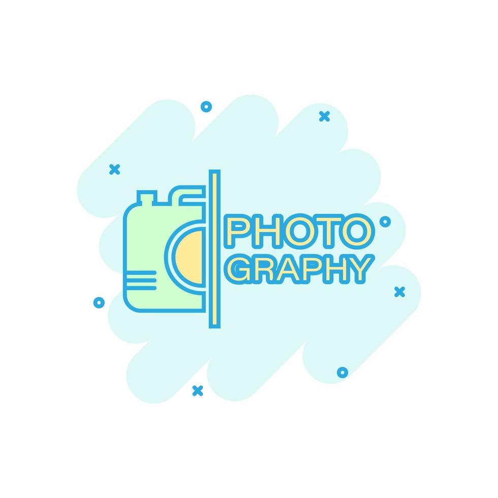 Camera device sign icon in comic style. Photography vector cartoon illustration on white isolated background. Cam equipment business concept splash effect.