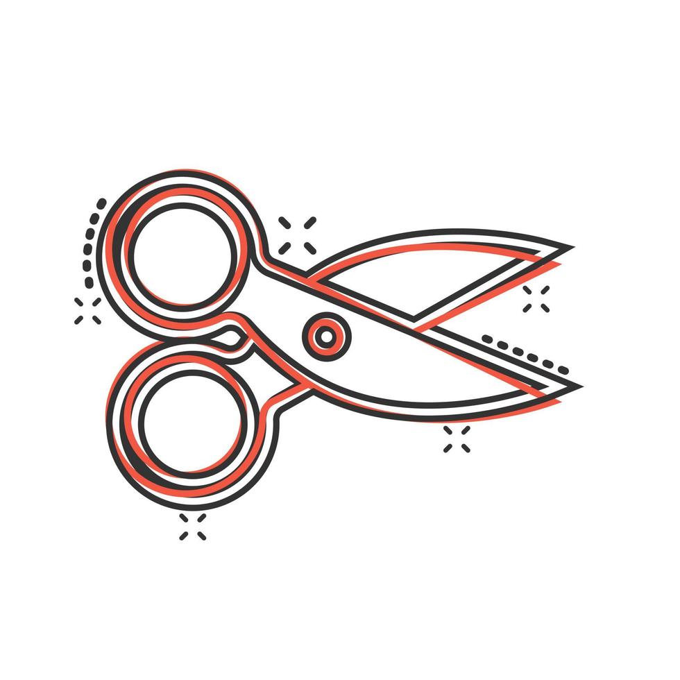 Scissor icon in comic style. Cut equipment cartoon vector illustration on white isolated background. Cutter splash effect business concept.