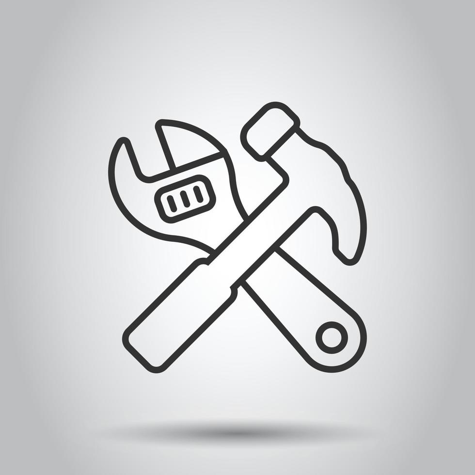 martillo con icono de llave inglesa en estilo plano. ilustración de vector de instrumento de trabajo sobre fondo blanco aislado. concepto de negocio de equipos de reparación.
