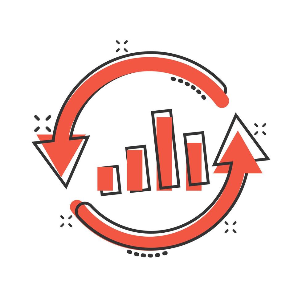 creciente icono de gráfico de barras en estilo cómico. aumentar la ilustración de vector de dibujos animados de flecha sobre fondo blanco aislado. concepto de negocio de efecto de salpicadura de progreso infográfico.