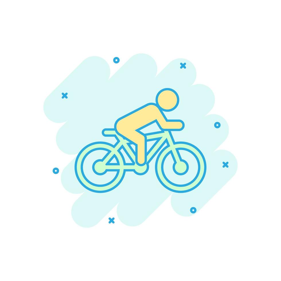 gente en icono de signo de bicicleta en estilo cómico. ilustración de dibujos animados de vector de bicicleta sobre fondo blanco aislado. efecto de salpicadura de concepto de negocio de ciclismo de hombres.