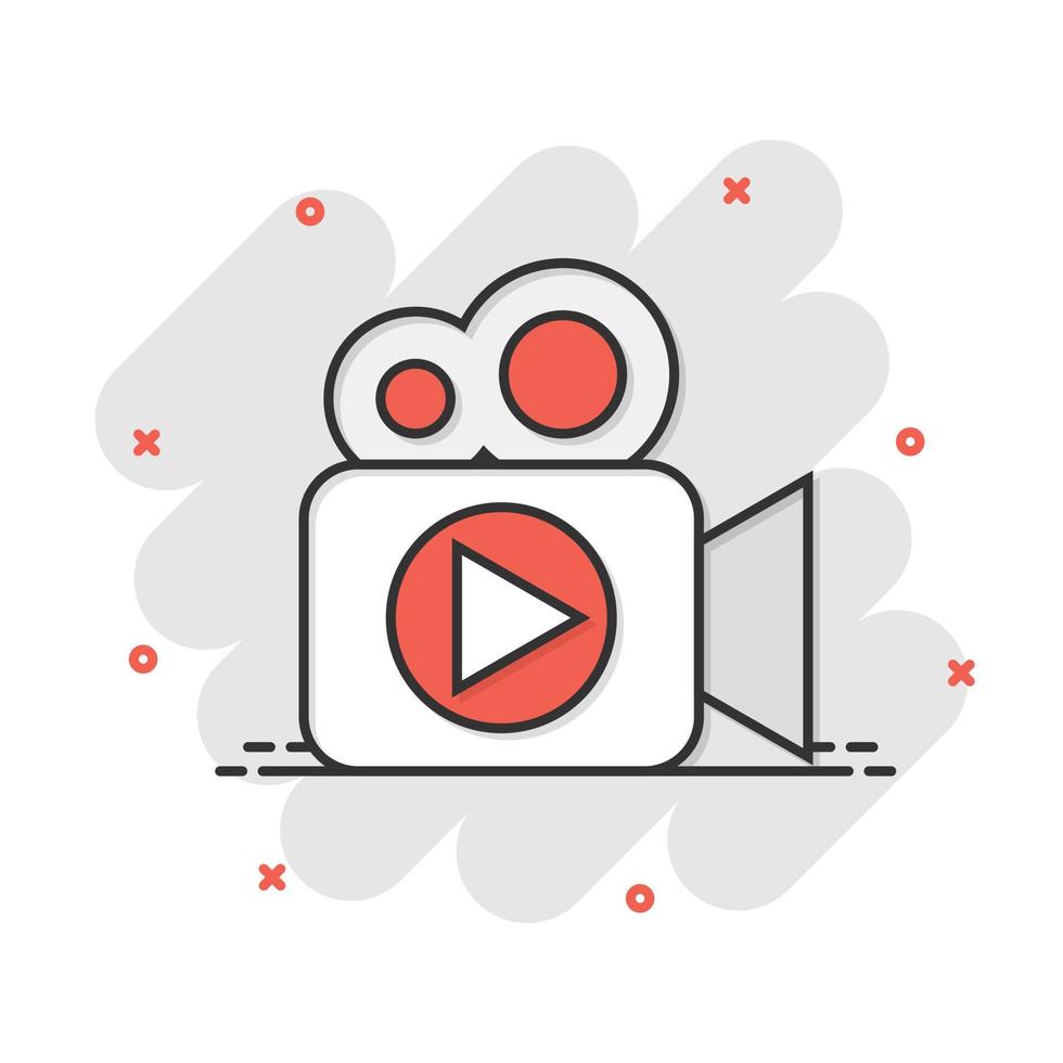 Video camera icon in comic style. Movie play vector cartoon illustration pictogram. Video streaming business concept splash effect.