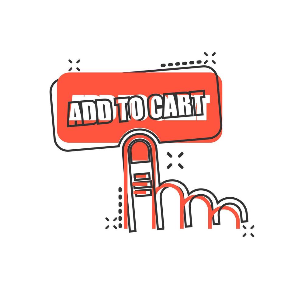 añadir al icono de la tienda del carrito en estilo cómico. ilustración de dibujos animados de vector de cursor de dedo sobre fondo blanco aislado. haga clic en el efecto de salpicadura de concepto de negocio de botón.