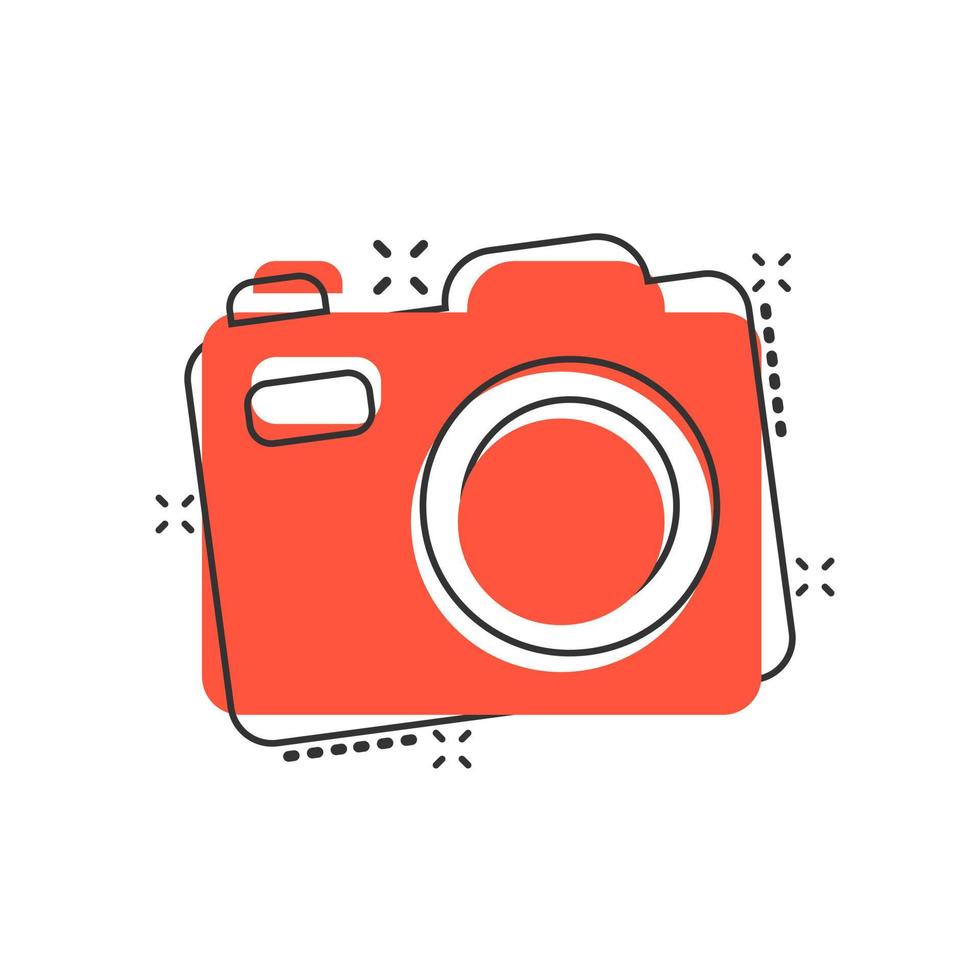 Camera device sign icon in comic style. Photography vector cartoon illustration on white isolated background. Cam equipment business concept splash effect.