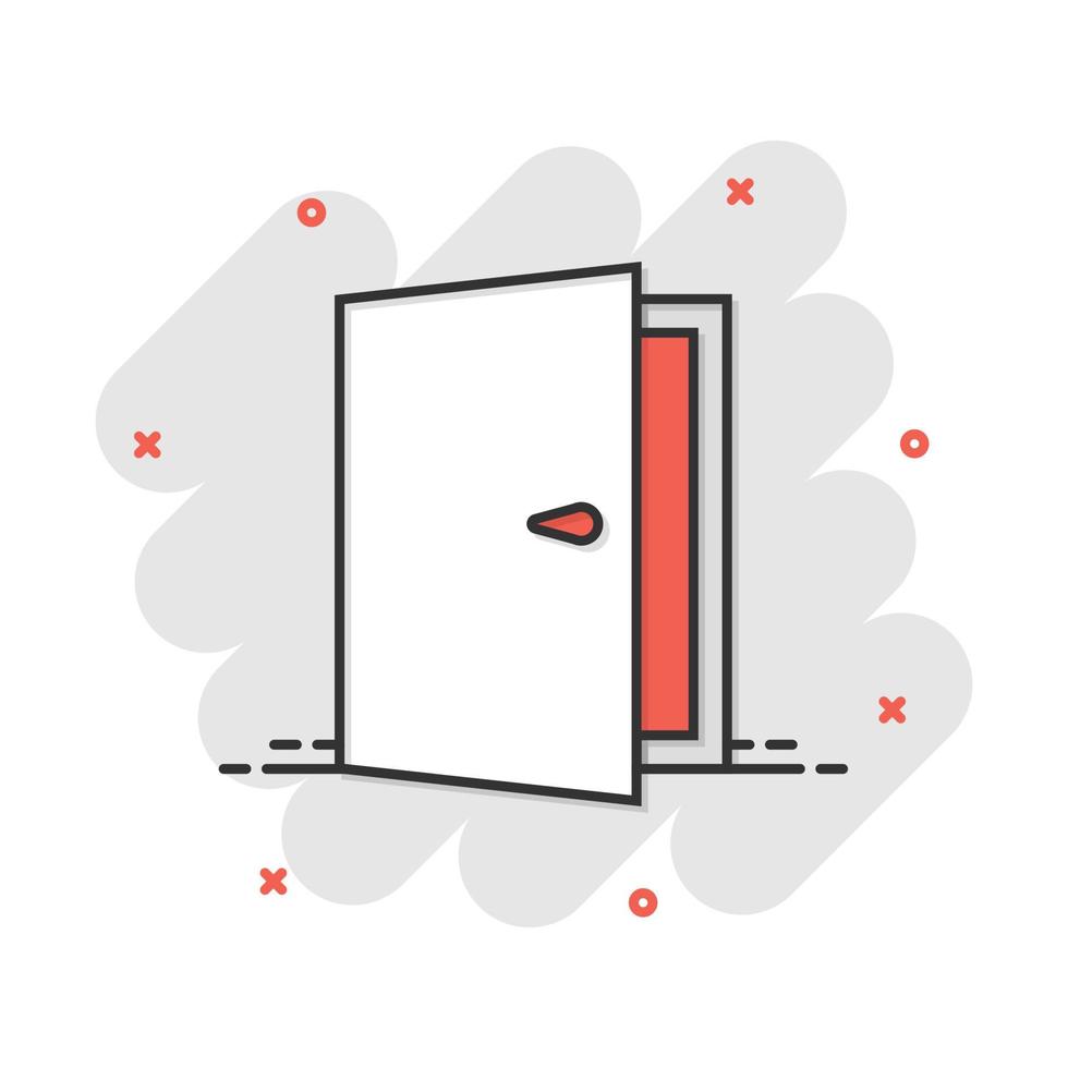 Vector cartoon door icon in comic style. Exit sign illustration pictogram. Open door business splash effect concept.