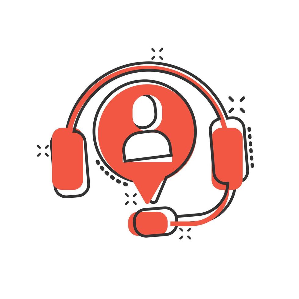 Helpdesk icon in comic style. Headphone cartoon vector illustration on white isolated background. Chat operator splash effect business concept.