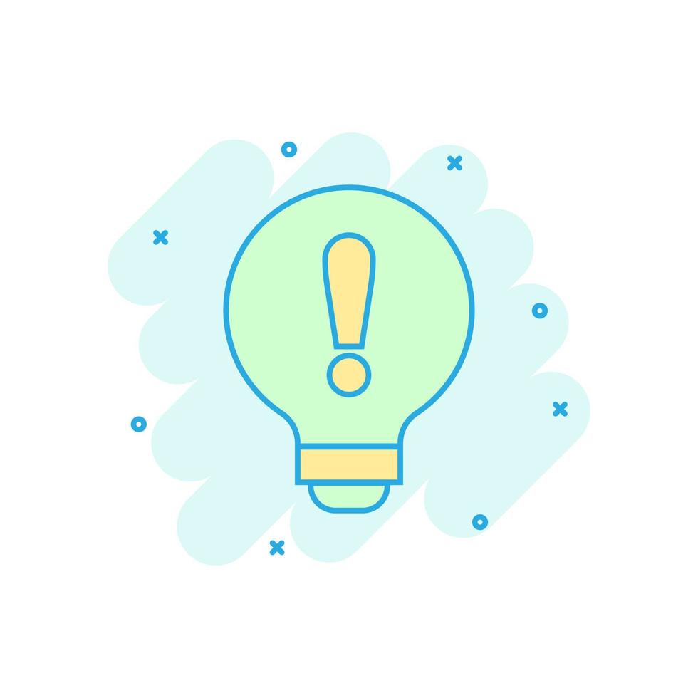 Problem solution icon in comic style. Light bulb idea vector cartoon illustration on white background. Question and answer business concept splash effect.
