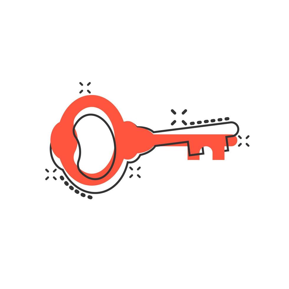 Key icon in comic style. Access login vector cartoon illustration pictogram. Password key business concept splash effect.