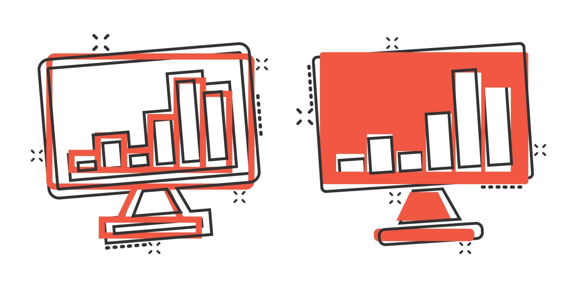 icono de análisis de sitios web en estilo cómico. ilustración vectorial de dibujos animados de datos seo sobre fondo blanco aislado. concepto de negocio de efecto de salpicadura de diagrama de computadora. vector