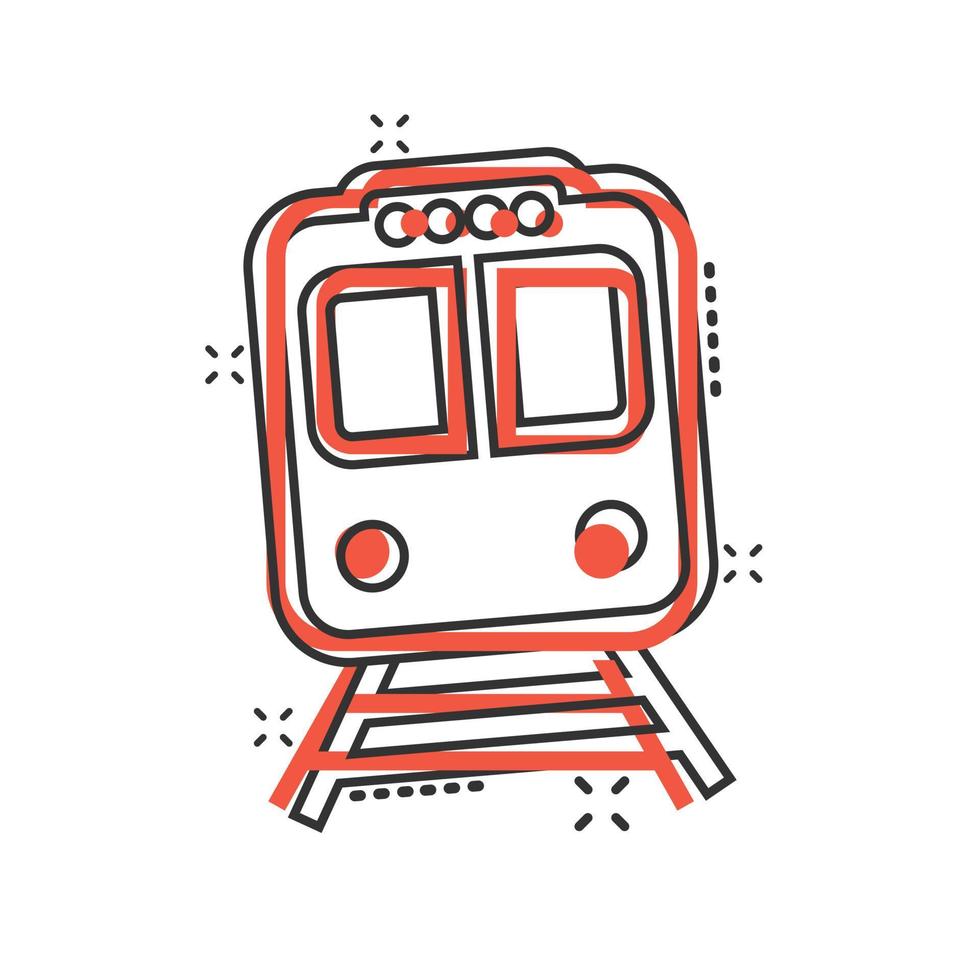 Metro icon in comic style. Train subway cartoon vector illustration on white isolated background. Railroad cargo splash effect business concept.