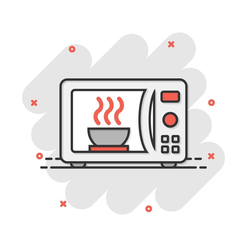 Vector cartoon microwave icon in comic style. Microwave oven sign illustration pictogram. Stove business splash effect concept.