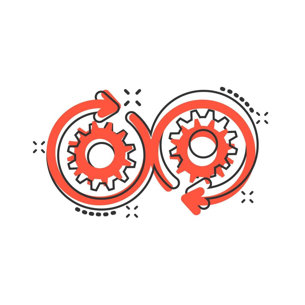 Development icon in comic style. Devops vector cartoon illustration on white isolated background. Cog with arrow business concept splash effect.