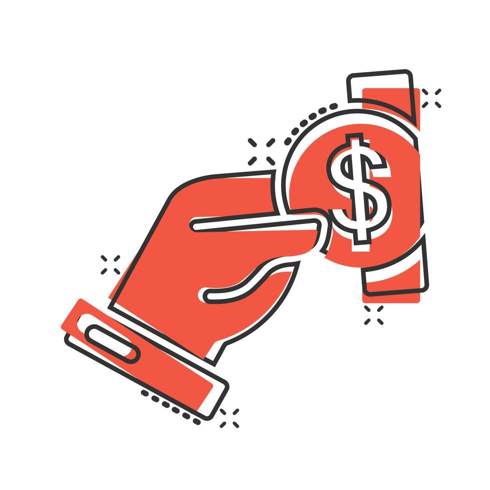 Remuneration icon in comic style. Money in hand cartoon vector illustration on white isolated background. Coin payroll splash effect business concept.