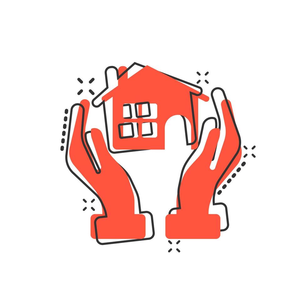 Home care icon in comic style. Hand hold house vector cartoon illustration on white isolated background. Building quality business concept splash effect.