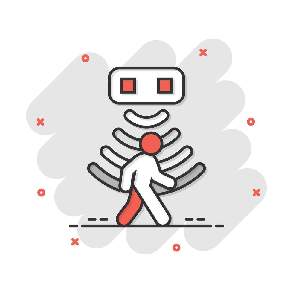 Motion sensor icon in comic style. Sensor waves with man vector cartoon illustration pictogram. People security connection business concept splash effect.