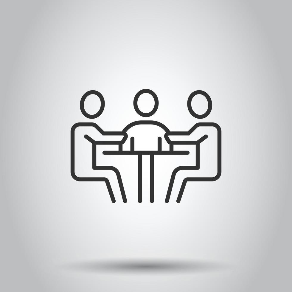 People with table icon in flat style. Teamwork conference vector illustration on white isolated background. Speaker dialog business concept.