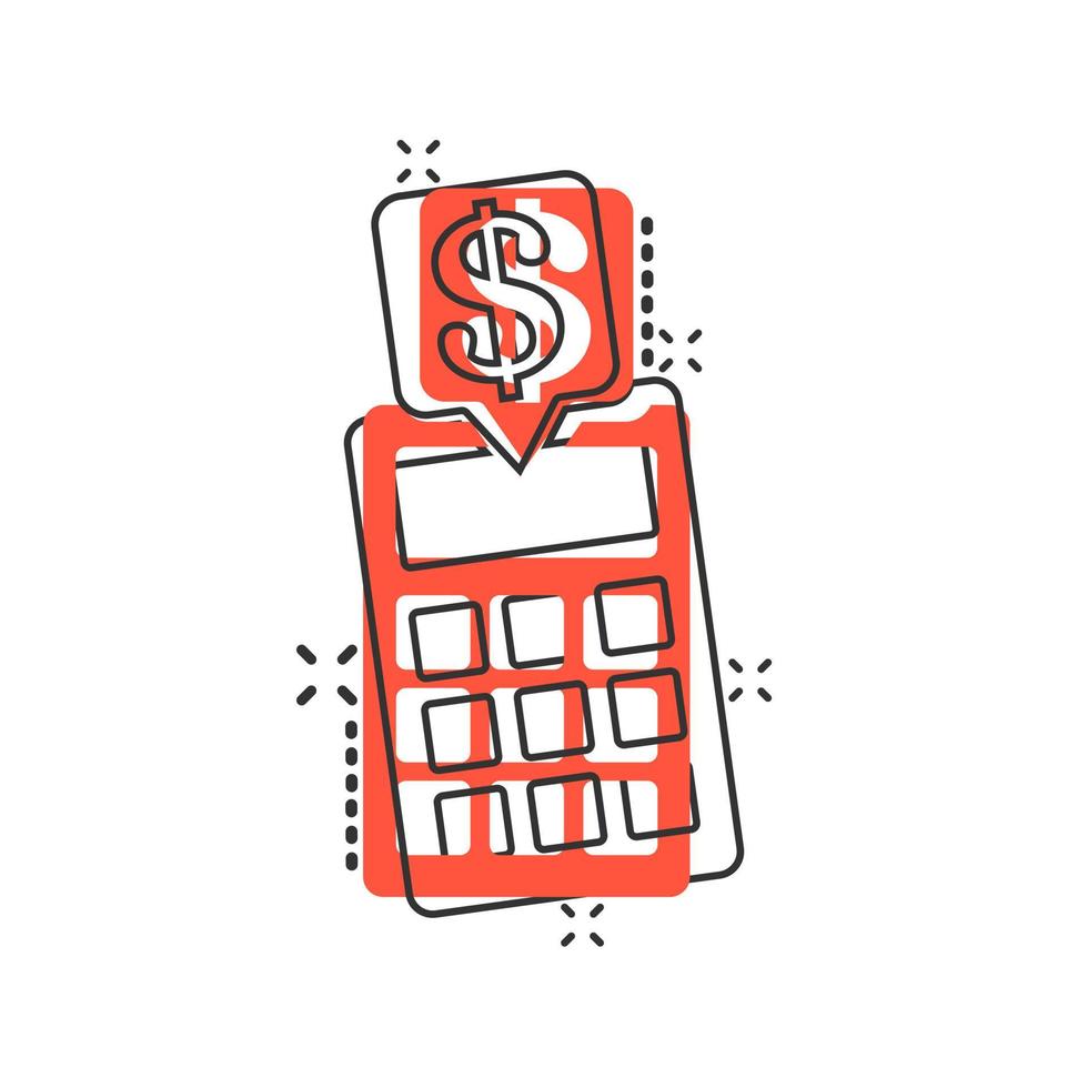 Money calculation icon in comic style. Budget banking vector cartoon illustration on white isolated background. Financial payment splash effect business concept.