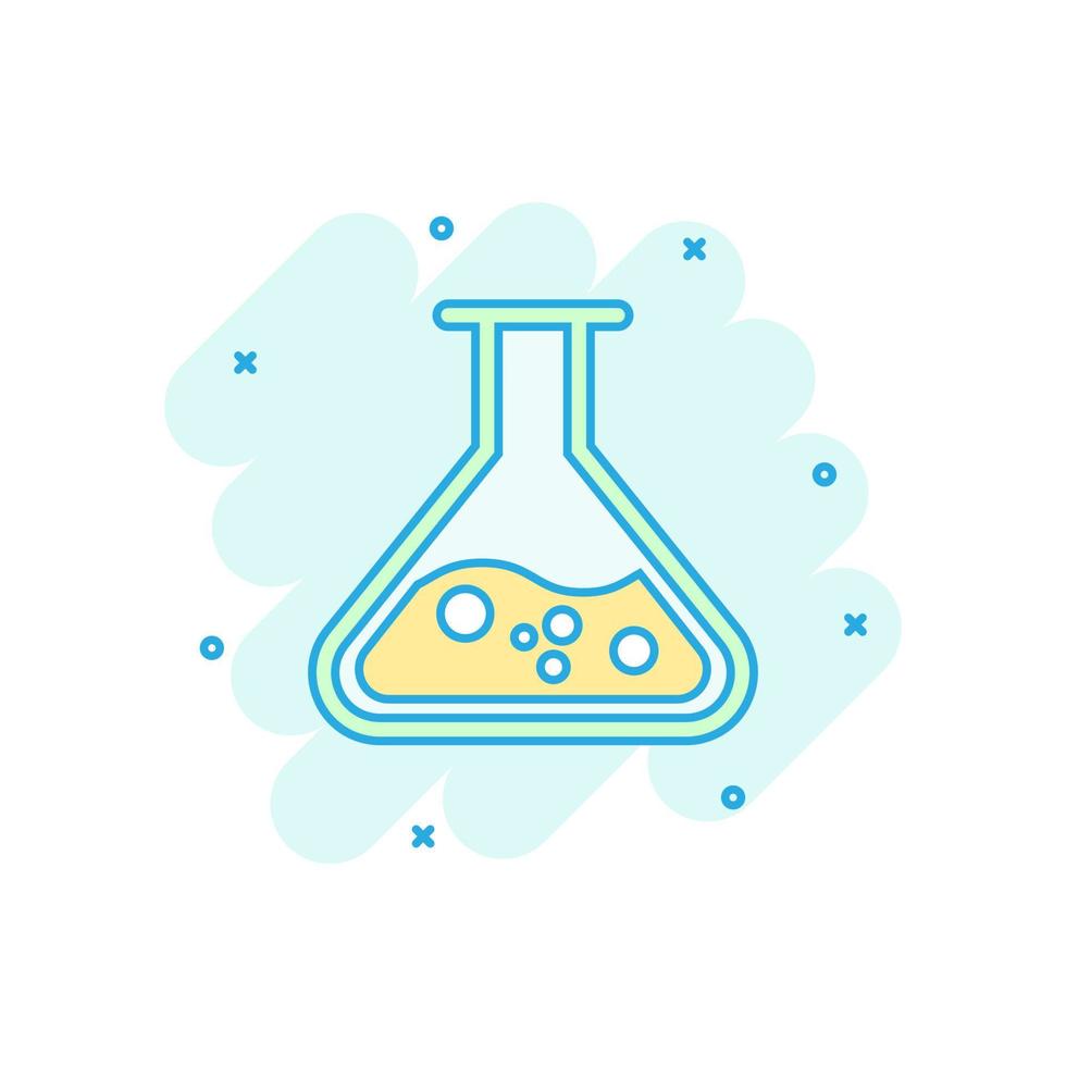 Chemistry beakers sign icon in comic style. Flask test tube vector cartoon illustration on white isolated background. Alchemy business concept splash effect.