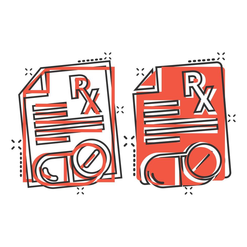 Prescription icon in comic style. Rx document cartoon vector illustration on white isolated background. Paper splash effect business concept.