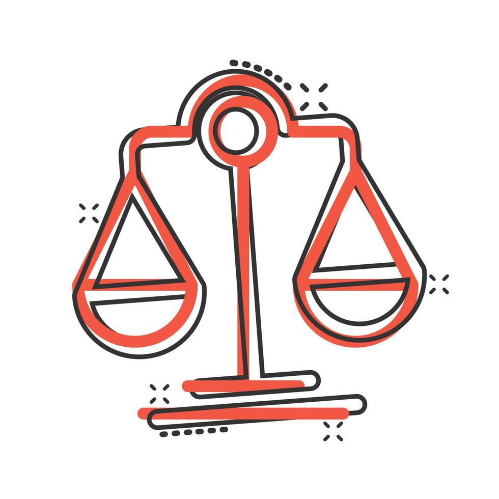 icono de equilibrio de escala en estilo cómico. ilustración de vector de dibujos animados de justicia sobre fondo blanco aislado. concepto de negocio de efecto de salpicadura de juicio.