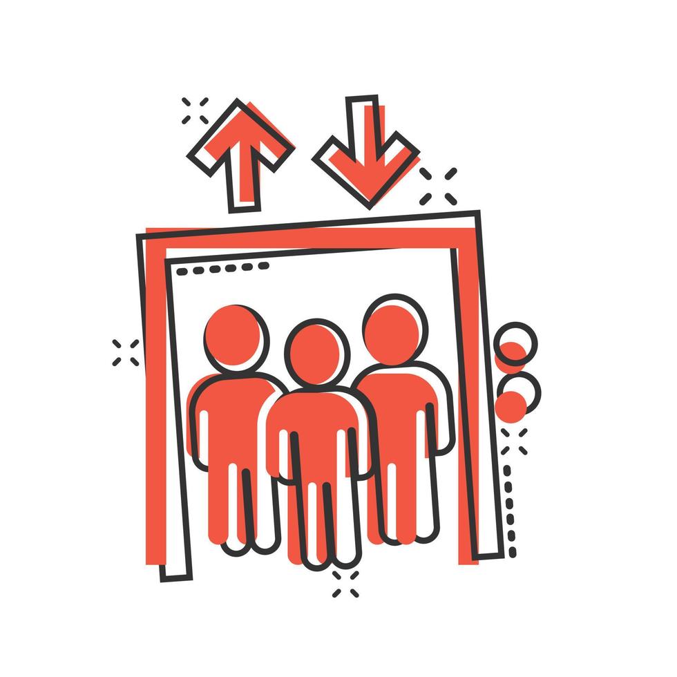 Elevator icon in comic style. Lift cartoon vector illustration on white isolated background. Passenger transportation splash effect business concept.