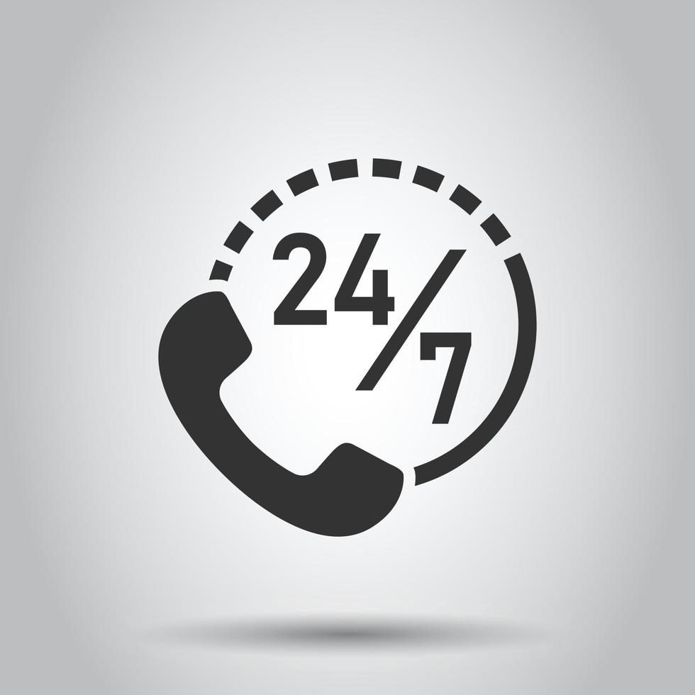 Phone service 24 7 icon in flat style. Telephone talk vector illustration on white isolated background. Hotline contact business concept.