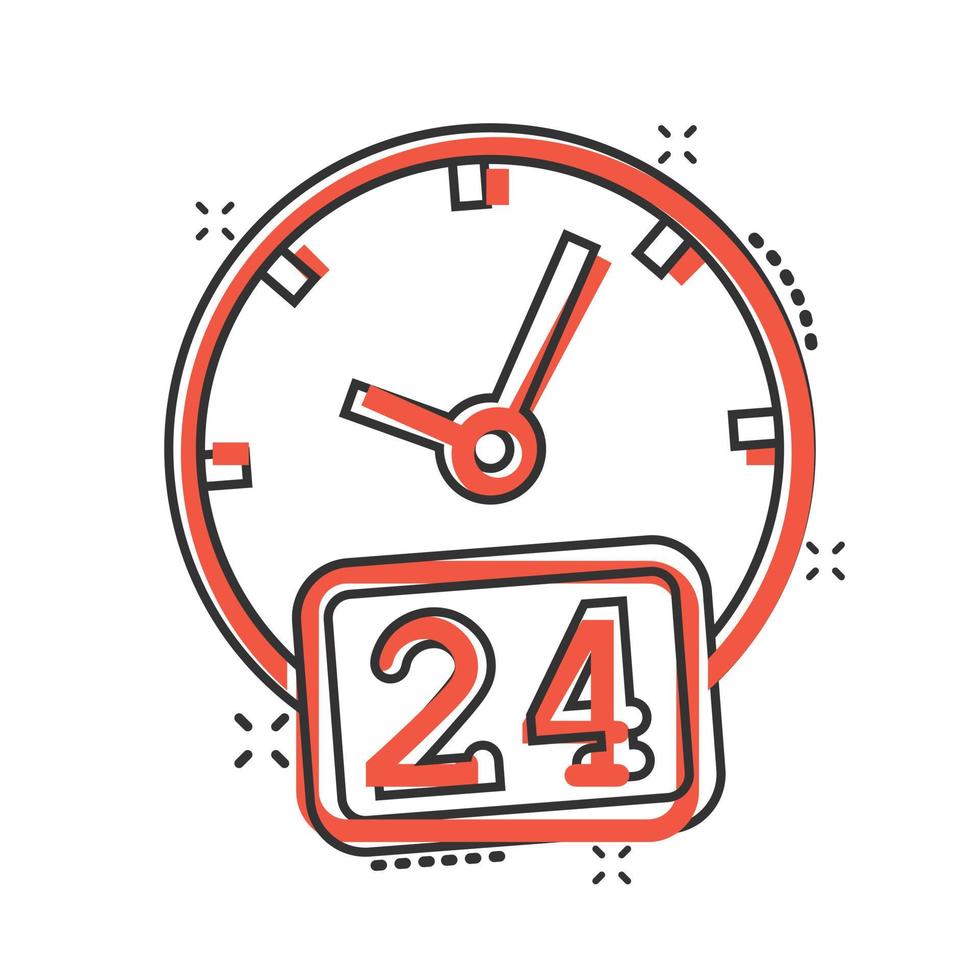 Clock 24 7 icon in comic style. Watch cartoon vector illustration on white isolated background. Timer splash effect business concept.