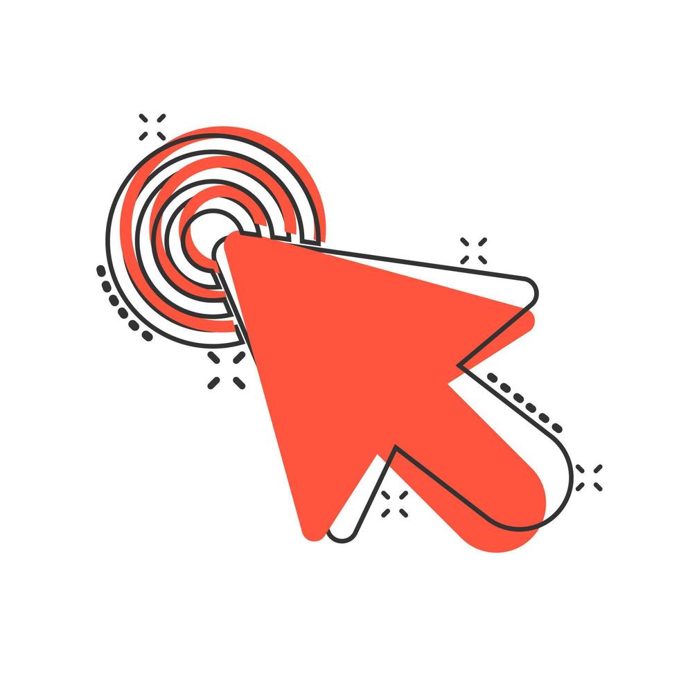 Computer mouse cursor icon in comic style. Arrow cursor vector cartoon illustration pictogram. Mouse aim business concept splash effect.