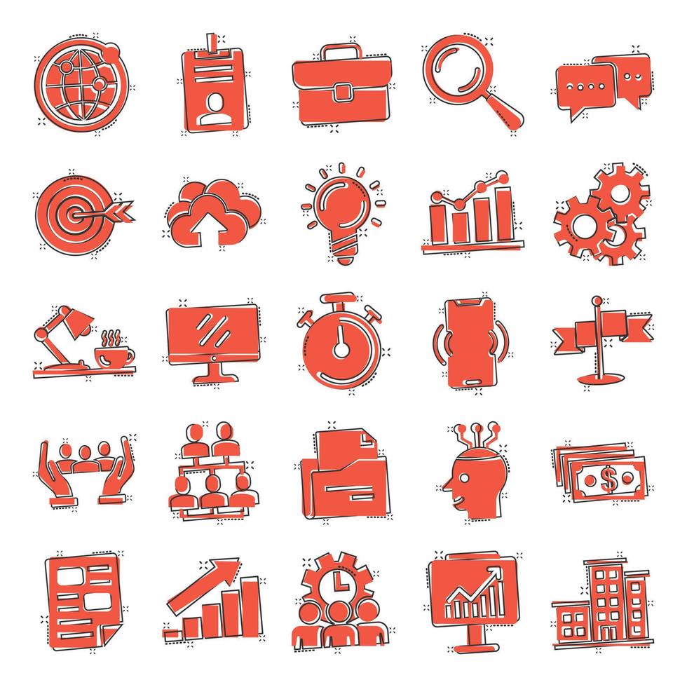 Business icons set in comic style. Finance strategy cartoon vector illustration on white isolated background. Marketing splash effect business concept.