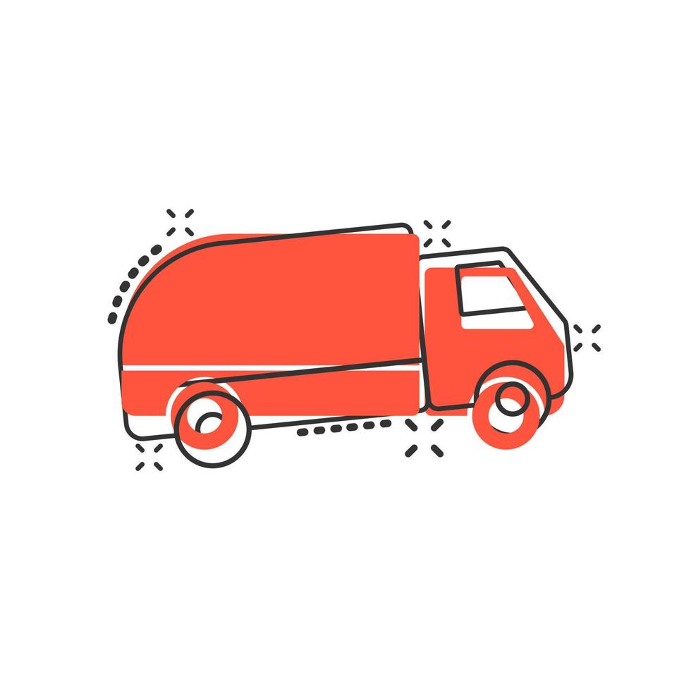 Delivery truck sign icon in comic style. Van vector cartoon illustration on white isolated background. Cargo car business concept splash effect.